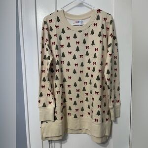 LuLaRoe Hannah Tunic Sweatshirt with Green Trees and Red Bows